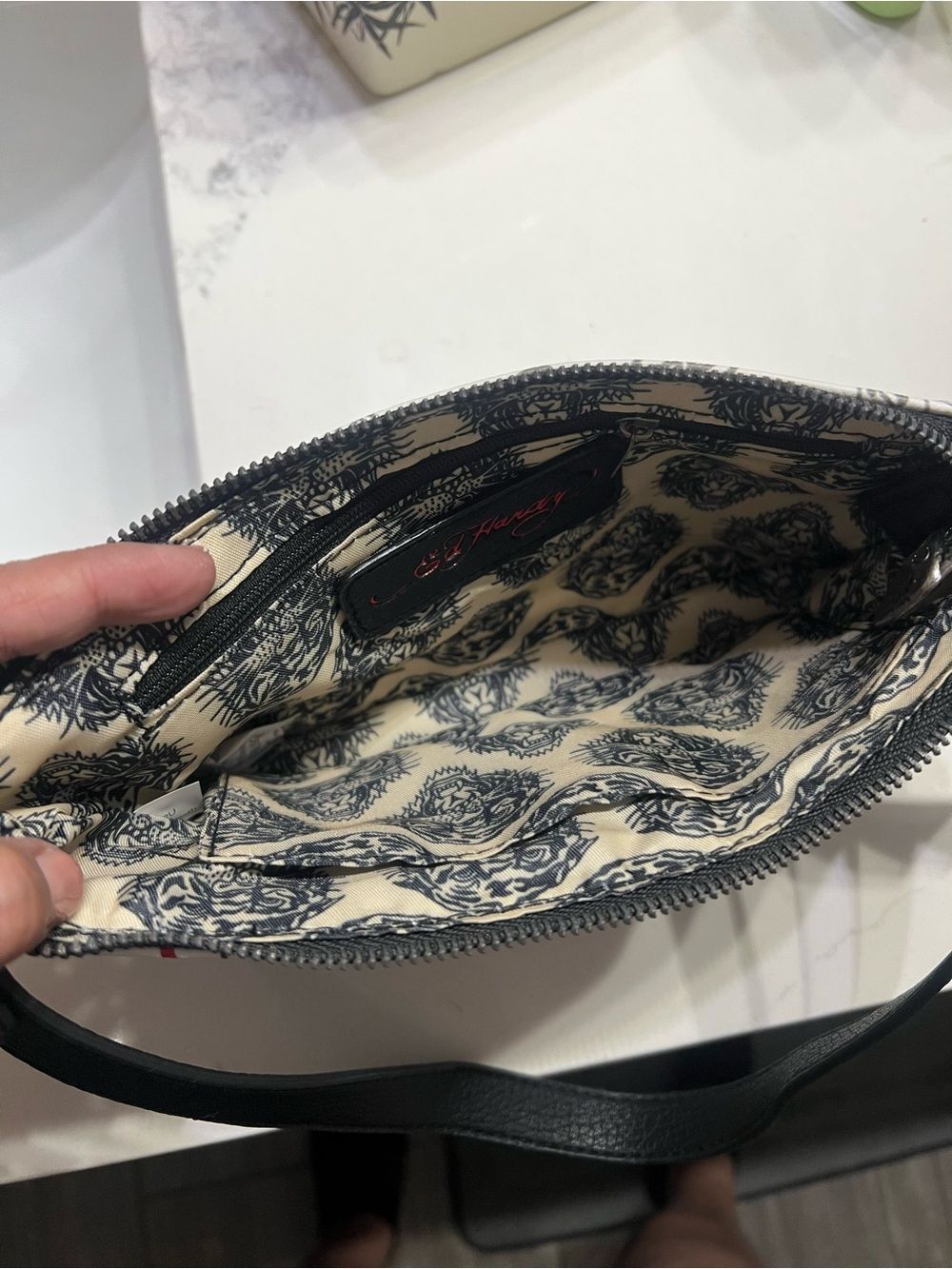 Ed Hardy Love Kills Slowly White Tattoo Shoulder Bag Y2K Baguette Purse 11X5in - Picture 7 of 8